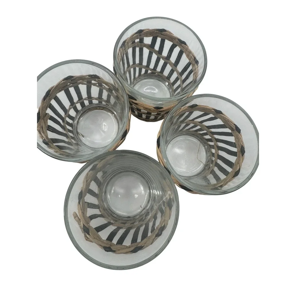 Woven Rattan Wrapped Glass Tumblers Whisky Glasses Set of 4 Natural Black Boho
